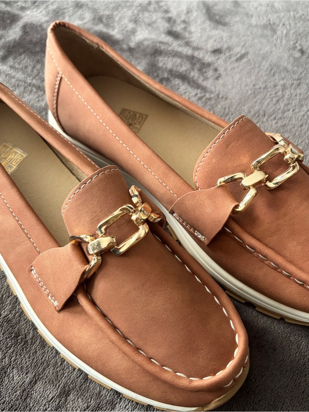 Tan Vegan Leather-Look Loafers with Gold Chain Accent